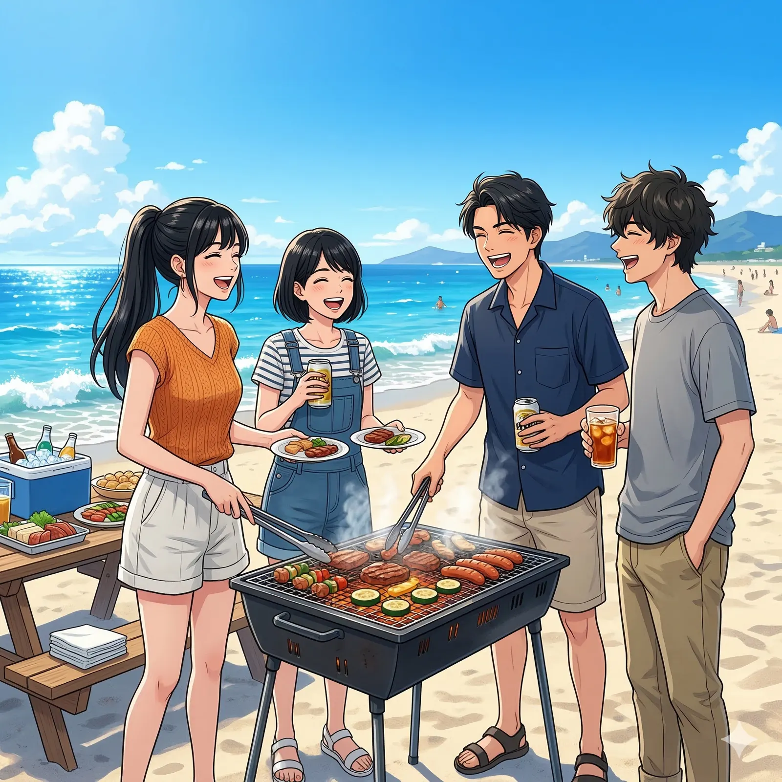 海辺でBBQをする男女4人