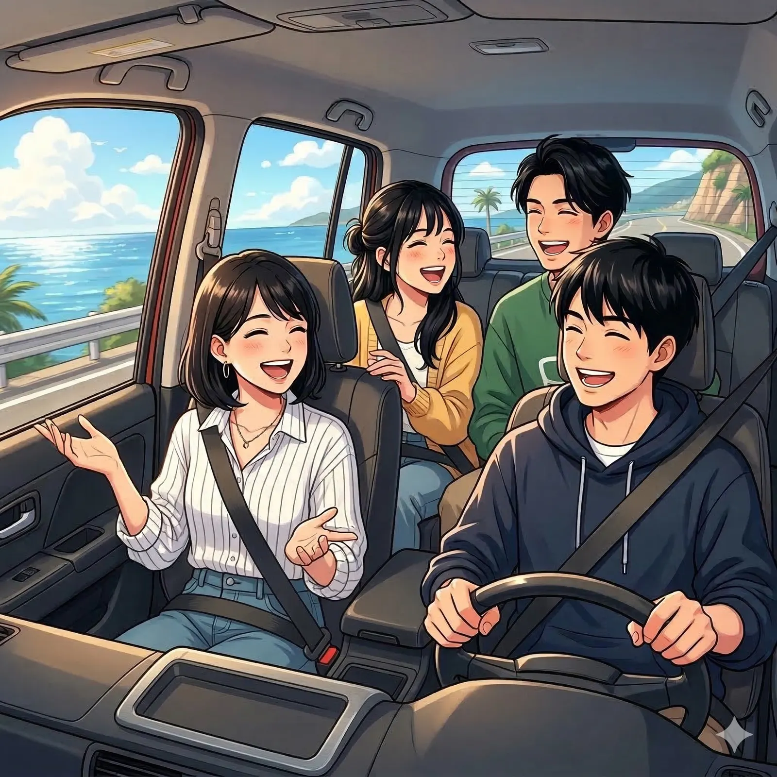 海沿いをドライブする男女4人