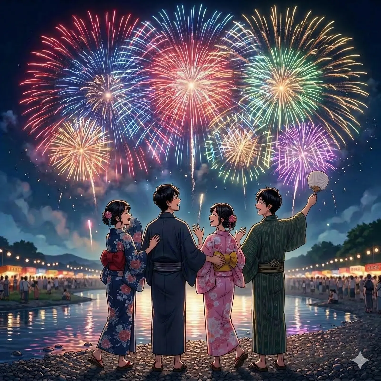 浴衣で花火を見上げる男女4人
