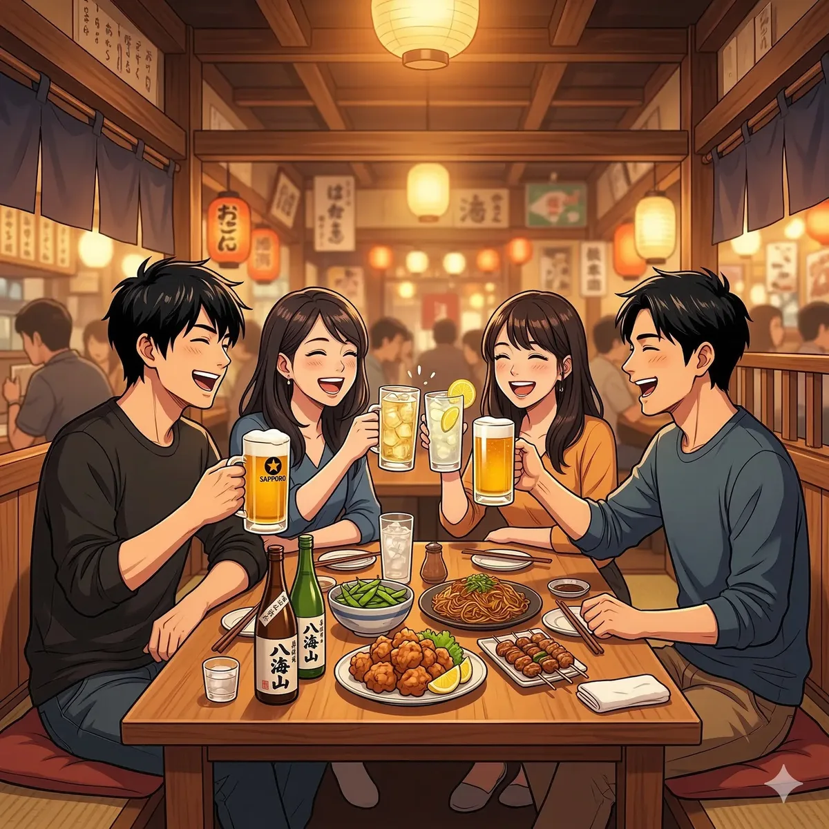 居酒屋で乾杯する男女4人