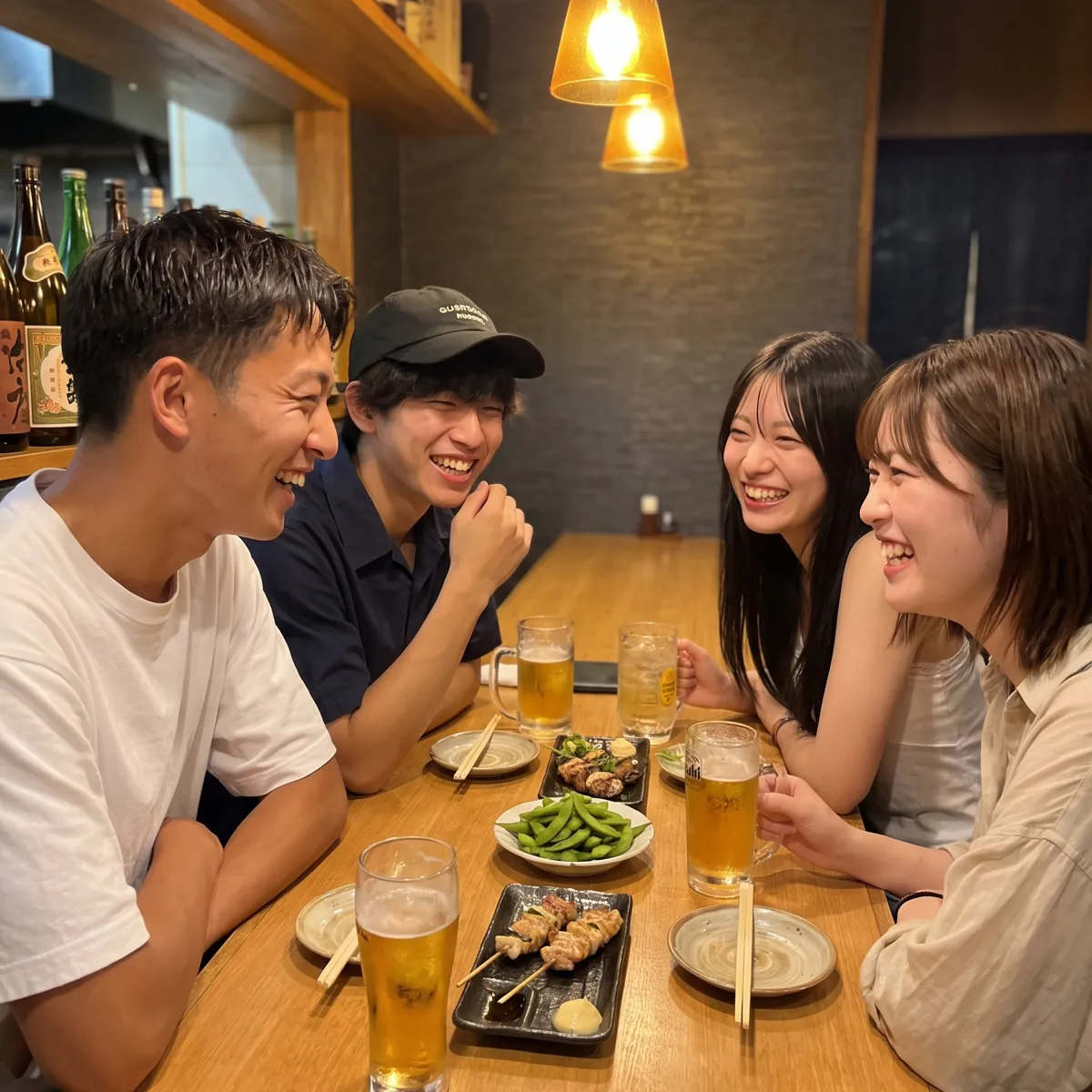 居酒屋のカウンターで談笑する男女4人