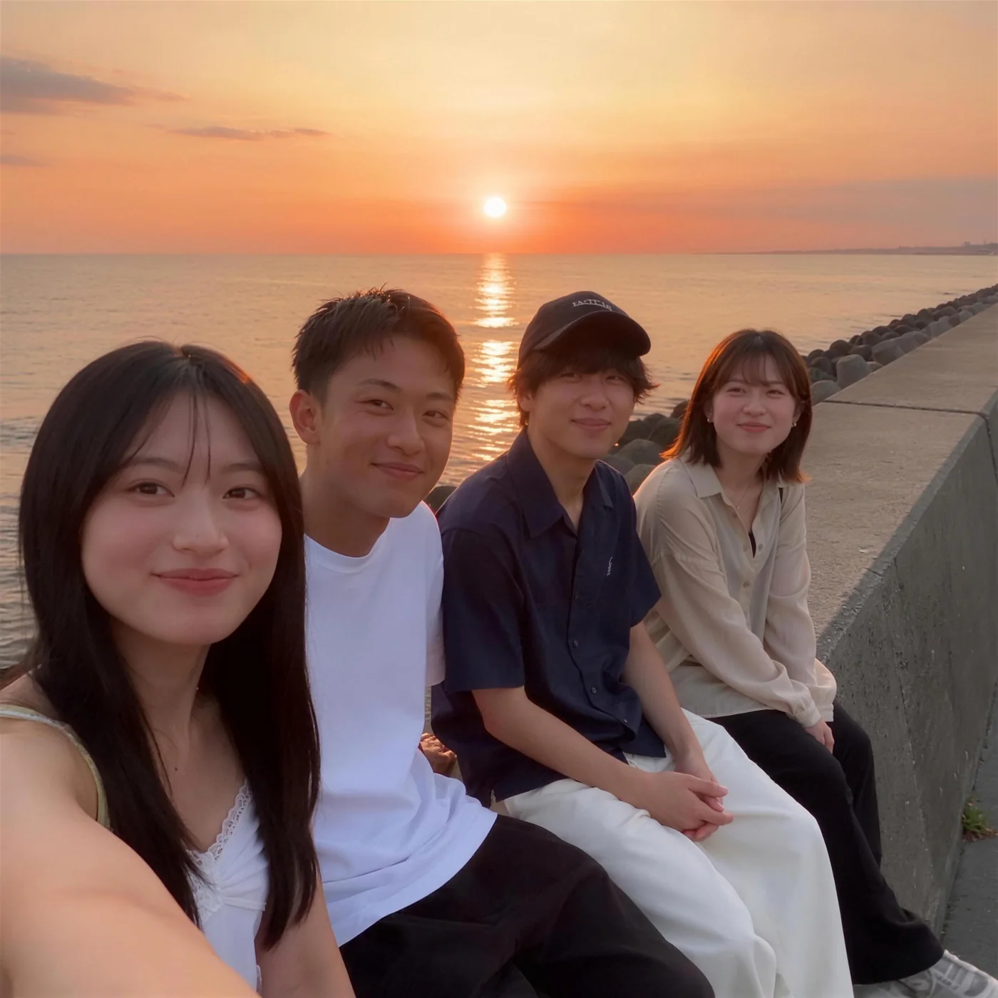 堤防に座って夕日を眺める男女4人