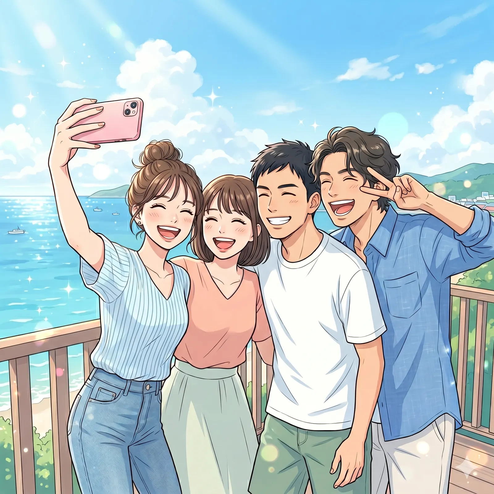 海辺で自撮りする男女4人